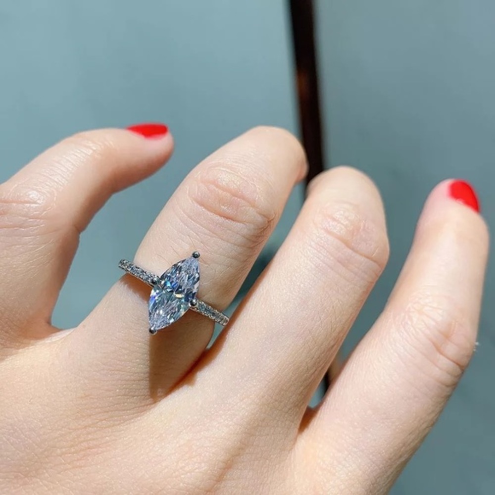 925 Sterling Silver SONA Diamond Marquise Engagement Ring - Picture 2 of 6
